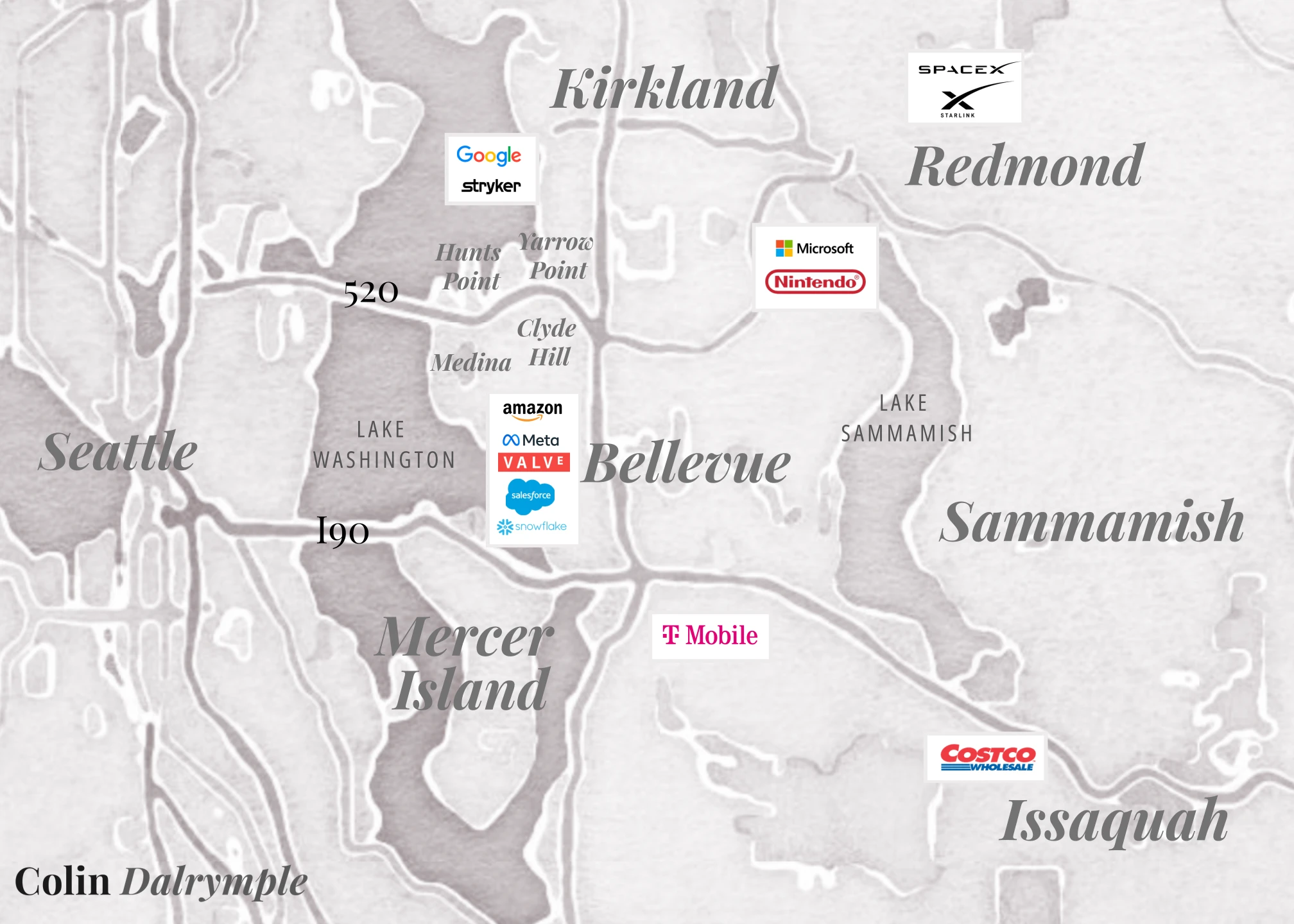 Map of Seattle's Eastside cities including Bellevue, Kirkland, Redmond, Sammamish, Issaquah, Medina, and Mercer Island