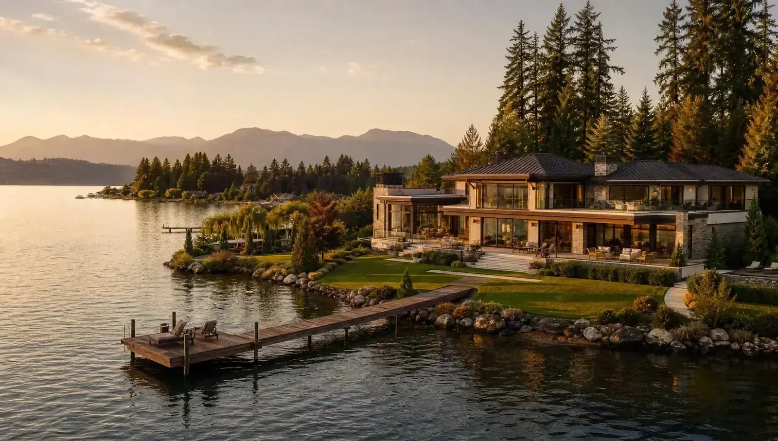 Lake Sammamish waterfront estate at dusk